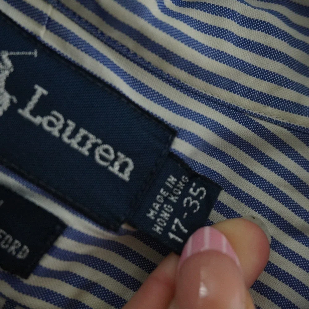 VTG Ralph Lauren Yarmouth Button Down 17-35 Blue White Striped Flesh Pony Shirt